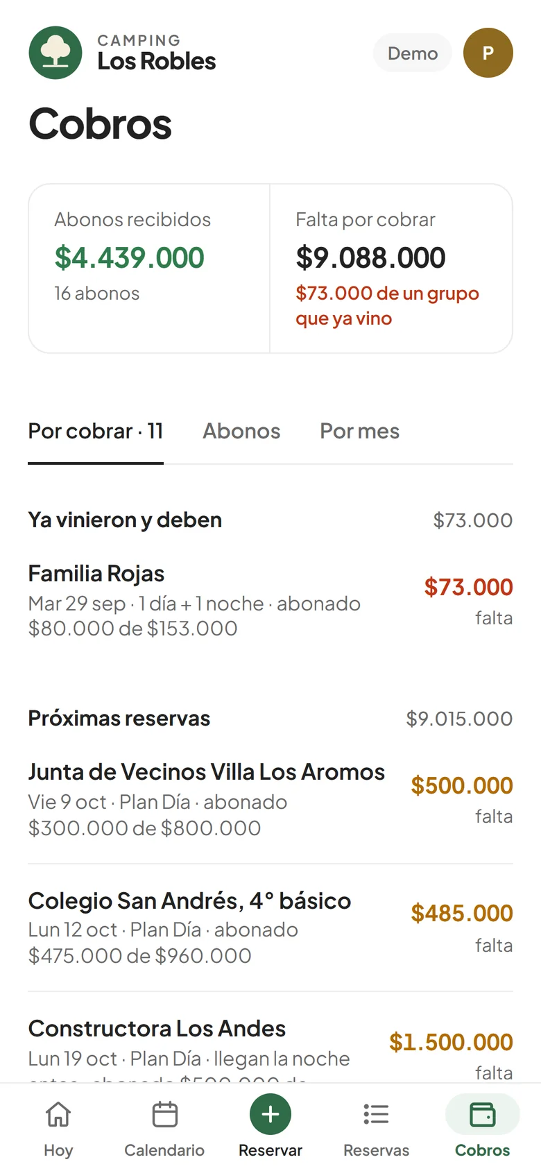 Pantalla de cobros con abonos recibidos y lo que falta por cobrar