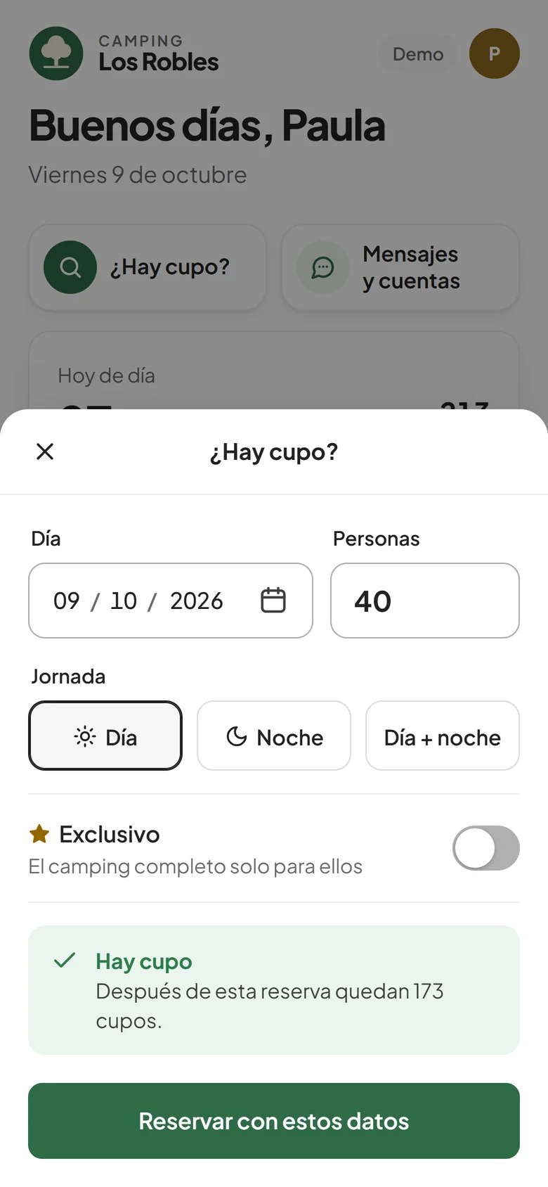 Consulta de cupo en la app: hay cupo para 40 personas
